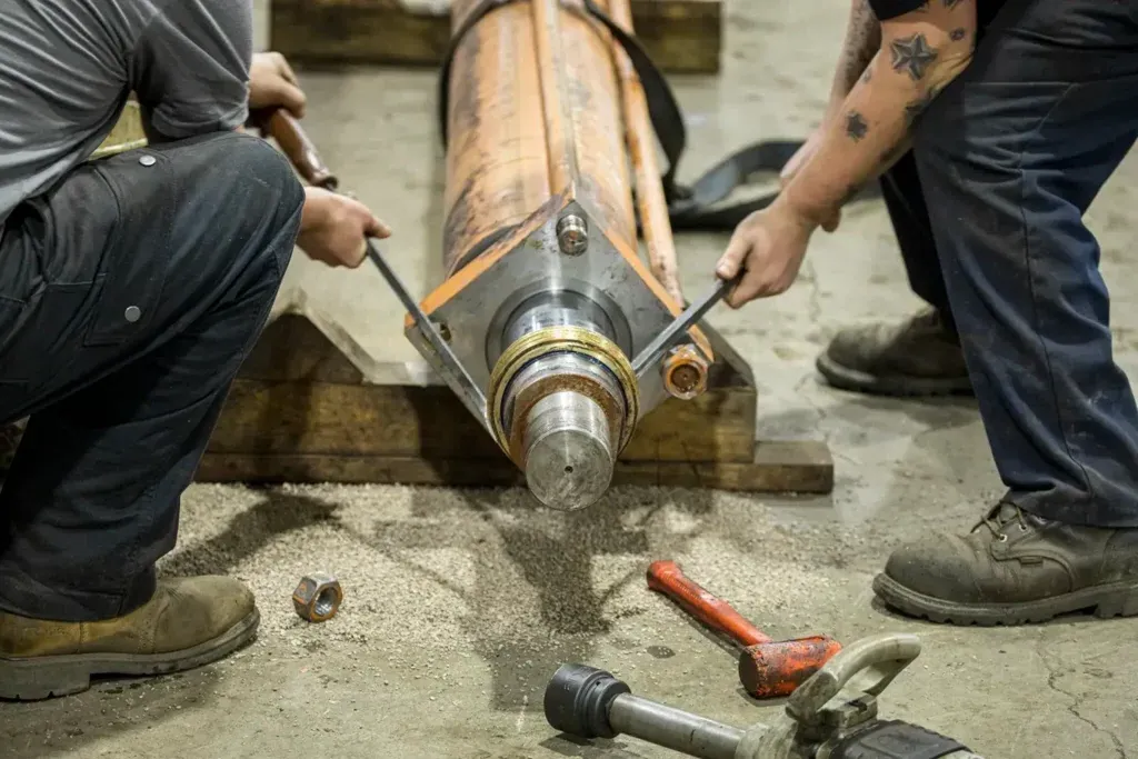 Two men repairing cylinder together